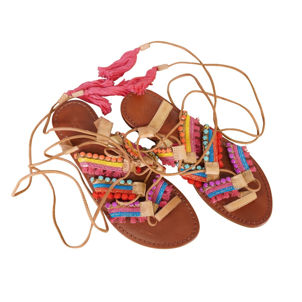 Schutz Sandals Women 8 Brown Multi Color Lace Up Tassel Pom Pom Gladiator Flat